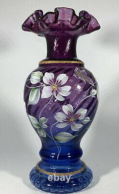 FENTON ARTIST SIGNED MULBERRY & BLUE OMBRÉ VASE 50th Anniversary 1996 8.5