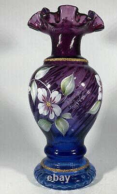 FENTON ARTIST SIGNED MULBERRY & BLUE OMBRÉ VASE 50th Anniversary 1996 8.5