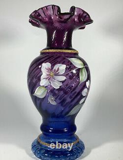 FENTON ARTIST SIGNED MULBERRY & BLUE OMBRÉ VASE 50th Anniversary 1996 8.5