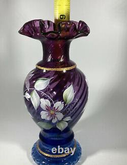 FENTON ARTIST SIGNED MULBERRY & BLUE OMBRÉ VASE 50th Anniversary 1996 8.5