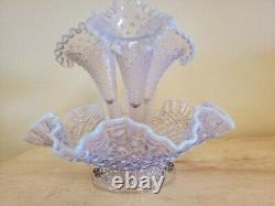 FENTON Blue Opalescent Hobnail Diamond Glass Epergne Bowl 3 Lily Horn Vase