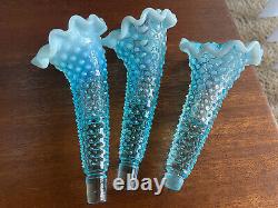 FENTON Blue Opalescent Hobnail Glass Epergne Bowl 3 Lily Horn Vase