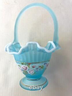 FENTON GLASS CHARLETON BLUE SATIN WHITE CRESTED HAND PAINTED SIGNED BASKET Vase