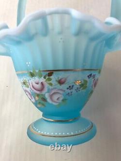 FENTON GLASS CHARLETON BLUE SATIN WHITE CRESTED HAND PAINTED SIGNED BASKET Vase