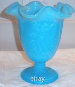 FENTON GLASS RARE ANTIQUE NUDE DANCING LADIES PEKING BLUE VASE c. 1934