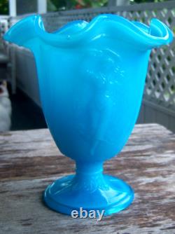 FENTON GLASS RARE ANTIQUE NUDE DANCING LADIES PEKING BLUE VASE c. 1934