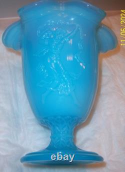 FENTON GLASS RARE ANTIQUE NUDE DANCING LADIES PEKING BLUE VASE c. 1934