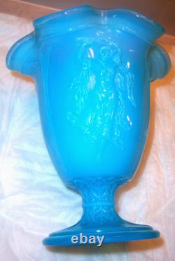 FENTON GLASS RARE ANTIQUE NUDE DANCING LADIES PEKING BLUE VASE c. 1934