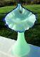 FENTON GREEN OPALESCENT COIN DOT withBlue Crest Jack in the Pulpit VASE 11H Mint