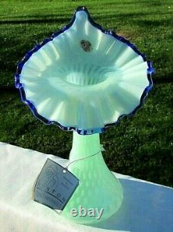 FENTON GREEN OPALESCENT COIN DOT withBlue Crest Jack in the Pulpit VASE 11H Mint