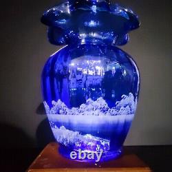 FENTON MARY GREGORY COBALT BLUE VASE WithGIRL & CAT/BIRD SIGNED FENTON & ARTIST