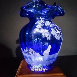FENTON MARY GREGORY COBALT BLUE VASE WithGIRL & CAT/BIRD SIGNED FENTON & ARTIST
