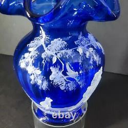 FENTON MARY GREGORY COBALT BLUE VASE WithGIRL & CAT/BIRD SIGNED FENTON & ARTIST