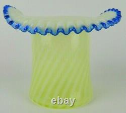 FENTON Spiral Optic VASELINE Opalescent BLUE Ruffled Large Top Hat Vase 7.5