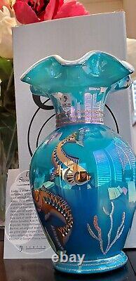 FENTON Turquoise Glass Overlay Fish Vase. NIB. FREE SHIPPING