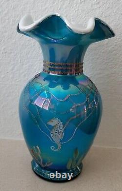 FENTON Turquoise Glass Overlay Fish Vase. NIB. FREE SHIPPING