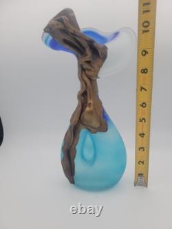 FILIP RAVERT ROMANIA COPPER OVERLAY Cobalt Aqua Blue SATIN ART GLASS VASE 11