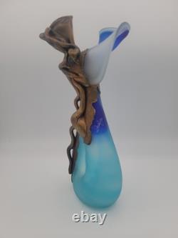 FILIP RAVERT ROMANIA COPPER OVERLAY Cobalt Aqua Blue SATIN ART GLASS VASE 11