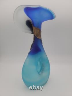 FILIP RAVERT ROMANIA COPPER OVERLAY Cobalt Aqua Blue SATIN ART GLASS VASE 11