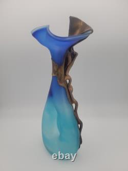 FILIP RAVERT ROMANIA COPPER OVERLAY Cobalt Aqua Blue SATIN ART GLASS VASE 11
