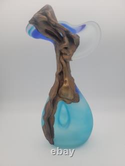 FILIP RAVERT ROMANIA COPPER OVERLAY Cobalt Aqua Blue SATIN ART GLASS VASE 11