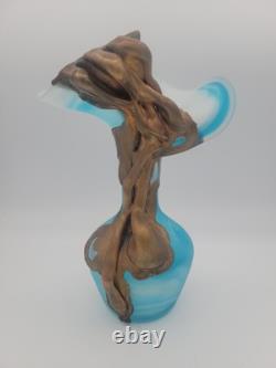 FILIP RAVERT ROMANIA COPPER OVERLAY Cobalt Aqua Blue SATIN ART GLASS VASE 9