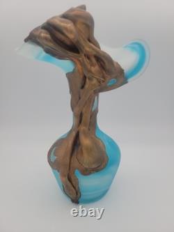 FILIP RAVERT ROMANIA COPPER OVERLAY Cobalt Aqua Blue SATIN ART GLASS VASE 9