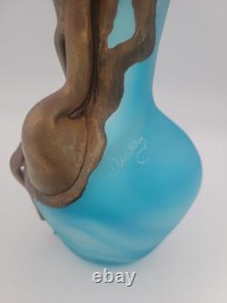 FILIP RAVERT ROMANIA COPPER OVERLAY Cobalt Aqua Blue SATIN ART GLASS VASE 9