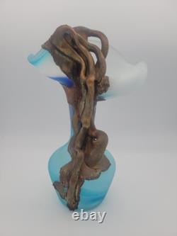 FILIP RAVERT ROMANIA COPPER OVERLAY Cobalt Aqua Blue SATIN ART GLASS VASE 9.5