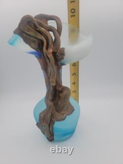 FILIP RAVERT ROMANIA COPPER OVERLAY Cobalt Aqua Blue SATIN ART GLASS VASE 9.5