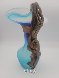 FILIP RAVERT ROMANIA COPPER OVERLAY Cobalt Aqua Blue SATIN ART GLASS VASE 9.5