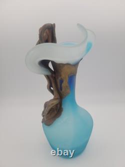 FILIP RAVERT ROMANIA COPPER OVERLAY Cobalt Aqua Blue SATIN ART GLASS VASE 9.5