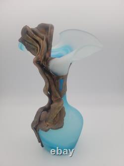 FILIP RAVERT ROMANIA COPPER OVERLAY Cobalt Aqua Blue SATIN ART GLASS VASE 9.5