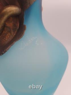 FILIP RAVERT ROMANIA COPPER OVERLAY Cobalt Aqua Blue SATIN ART GLASS VASE 9.5