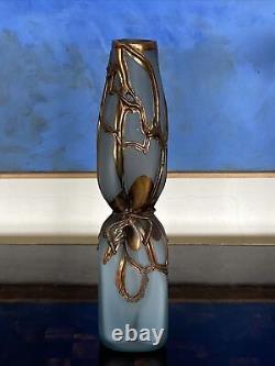 FILIP RAVERT Romanian Art Glass Vase Pale Blue with Bronze Overlay ART NOUVEAU