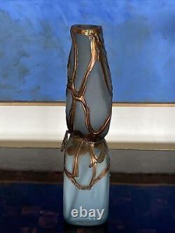 FILIP RAVERT Romanian Art Glass Vase Pale Blue with Bronze Overlay ART NOUVEAU