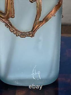 FILIP RAVERT Romanian Art Glass Vase Pale Blue with Bronze Overlay ART NOUVEAU