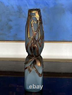 FILIP RAVERT Romanian Art Glass Vase Pale Blue with Bronze Overlay ART NOUVEAU