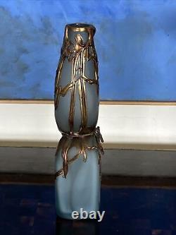 FILIP RAVERT Romanian Art Glass Vase Pale Blue with Bronze Overlay ART NOUVEAU