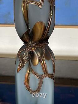 FILIP RAVERT Romanian Art Glass Vase Pale Blue with Bronze Overlay ART NOUVEAU