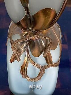 FILIP RAVERT Romanian Art Glass Vase Pale Blue with Bronze Overlay ART NOUVEAU