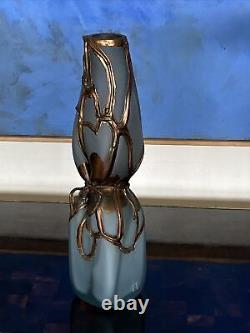 FILIP RAVERT Romanian Art Glass Vase Pale Blue with Bronze Overlay ART NOUVEAU