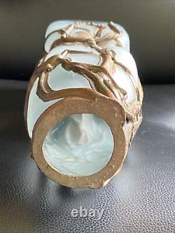 FILIP RAVERT Romanian Art Glass Vase Pale Blue with Bronze Overlay ART NOUVEAU