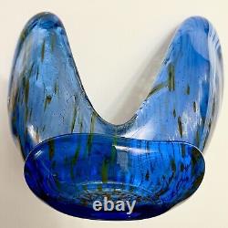 FIRE & LIGHT Recycled Glass BLUE Signed Free Form Footed Bowl Fire and Light