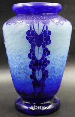 FRENCH ART DECO Le Verre Francais Myrtilles Vase Blue Glass Cameo Signed Charder