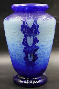 FRENCH ART DECO Le Verre Francais Myrtilles Vase Blue Glass Cameo Signed Charder