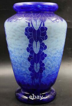 FRENCH ART DECO Le Verre Francais Myrtilles Vase Blue Glass Cameo Signed Charder