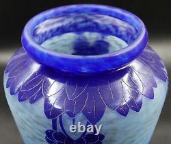 FRENCH ART DECO Le Verre Francais Myrtilles Vase Blue Glass Cameo Signed Charder