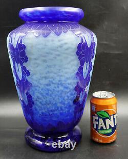 FRENCH ART DECO Le Verre Francais Myrtilles Vase Blue Glass Cameo Signed Charder