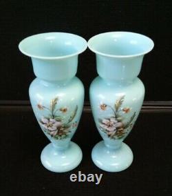 FRENCH BLUE OPALINE Glass Pair of Vase Handpainted 7 7/8